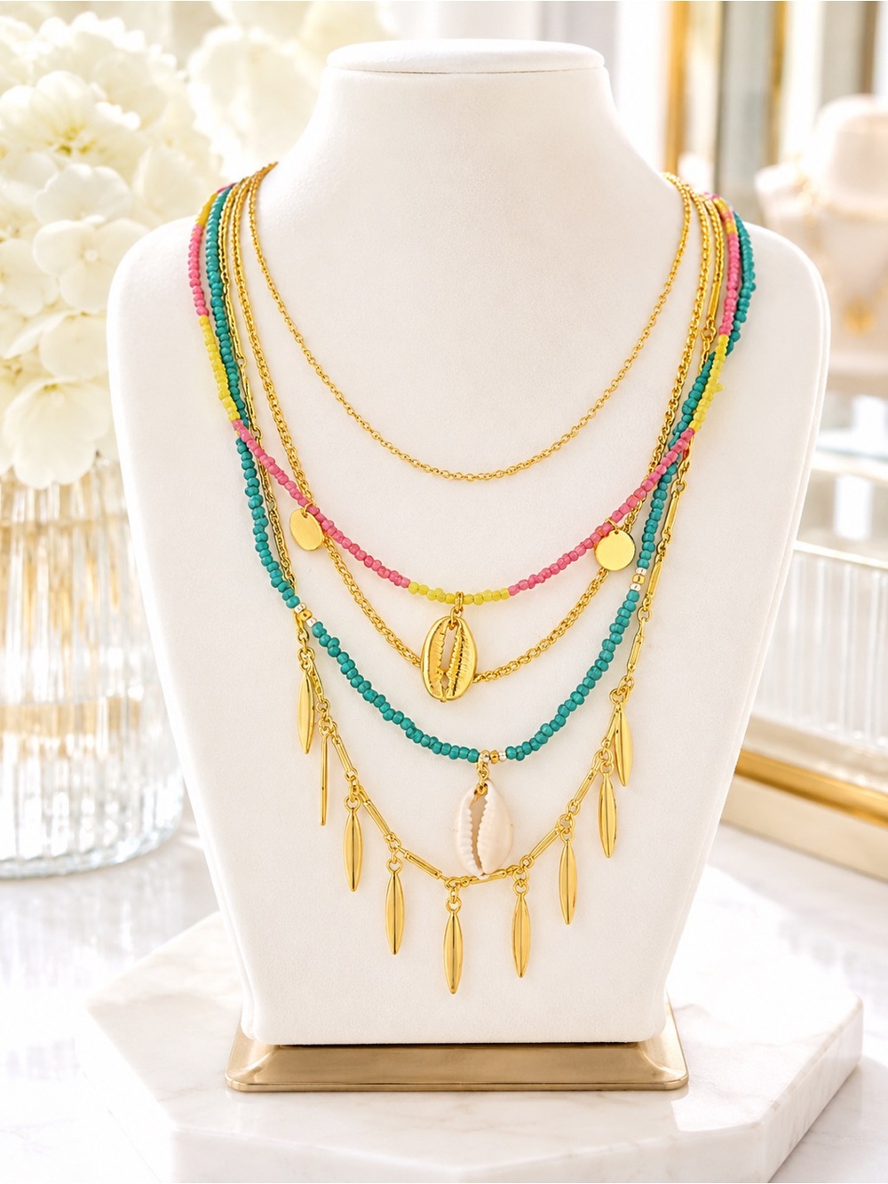 MADDEN GIRL 5-piece Gold-Tone & Shell Boho Layered Necklace Gift Set NWT